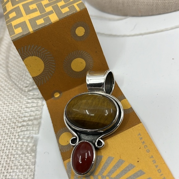 Vintage Jewelry - Vintage CII Mexico 925 Sterling Tiger's Eye & Carnelian Pendant Heavy 18.4g